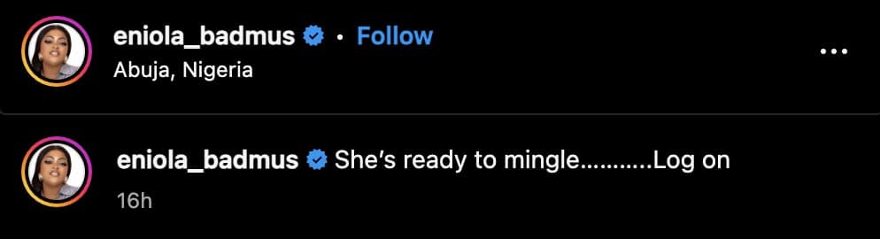 Eniola Badmus rushed as she declares being 'ready to mingle'